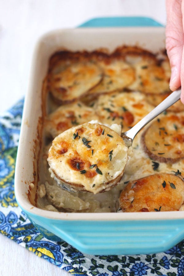 Hand holding spoonful of baked potatoes au gratin.