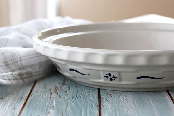 Close up of a ceramic pie dish.