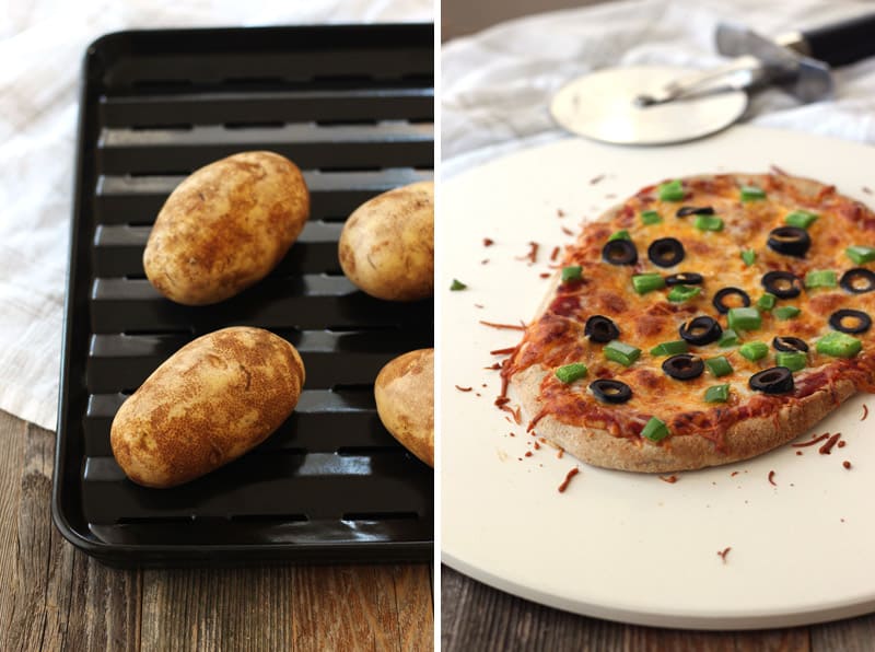Baked potatoes on a dark roasting pan and a pizza on stone pan.
