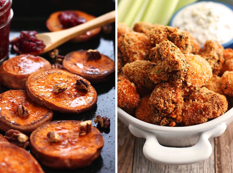 Roasted Sweet Potatoes and Buffalo Broccoli in a baking dish.