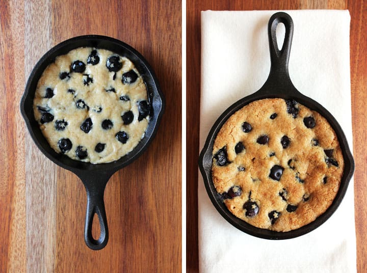 A mini cast iron skillet filled with batter next to a cooked skillet cookie.
