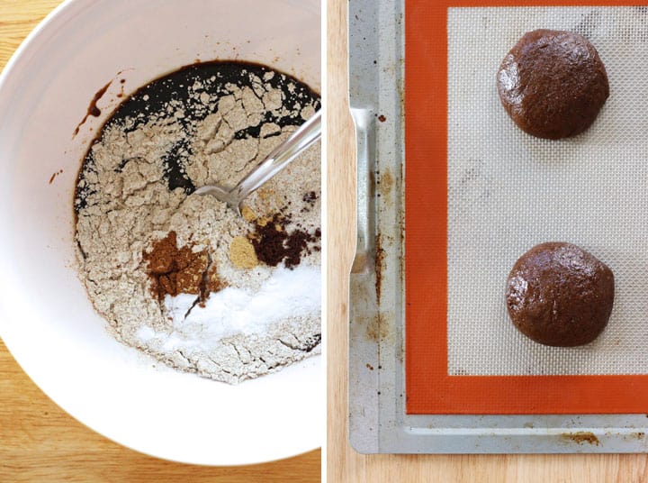 Cookie dough ingredients in a bowl and rolled into large balls.