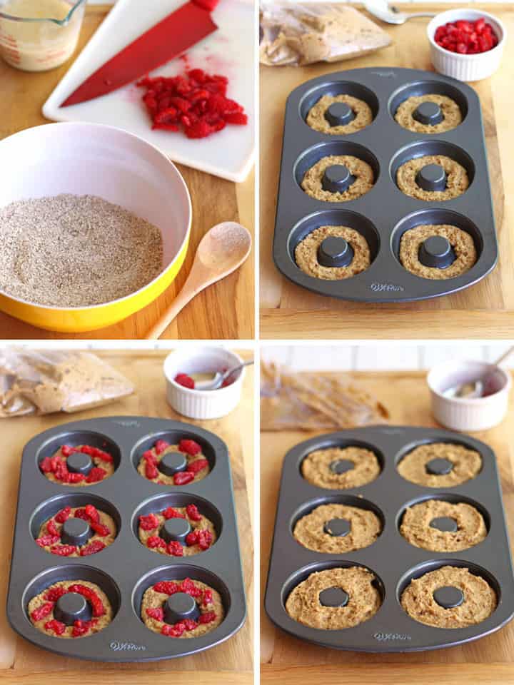 Four photos showing how to make batter and fill donut pan. 