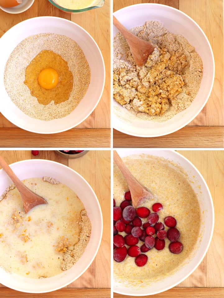 Grid: Wooden spoon mixing batter, milk added, frozen cranberries added to bowl.