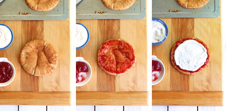 Mini pita spread with preserves and topped with ricotta.