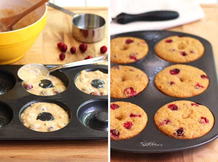 Batter spooned into a donut pan and baked donuts.