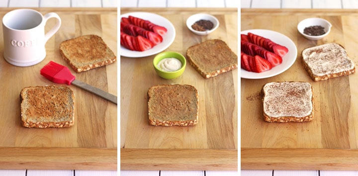 Toasts soaked with espresso and spread with mascarpone cheese.