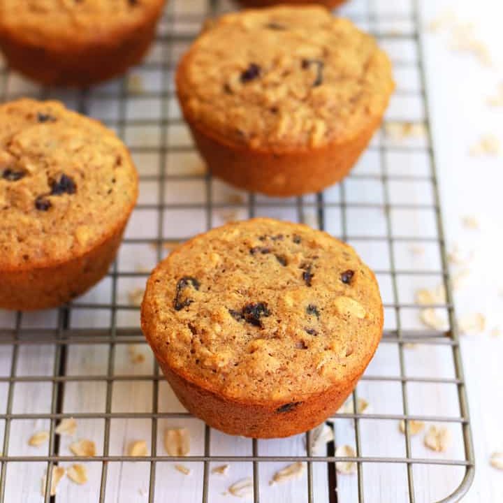 Oatmeal raisin muffins cooling on a wire rack