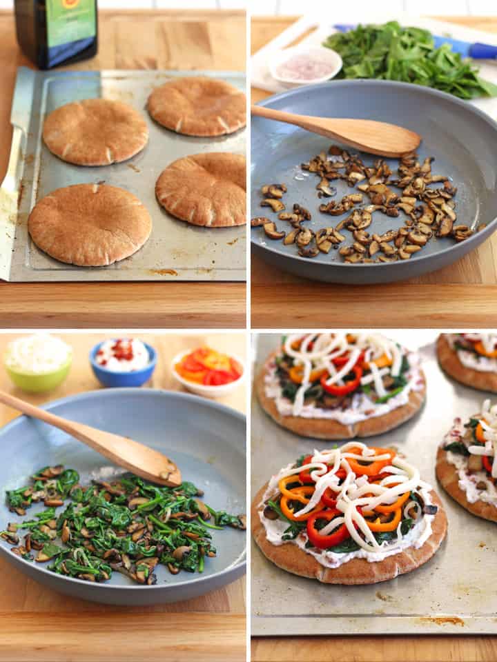 Photo grid: toasted pita, pan of cooked veggies, topped pitas.