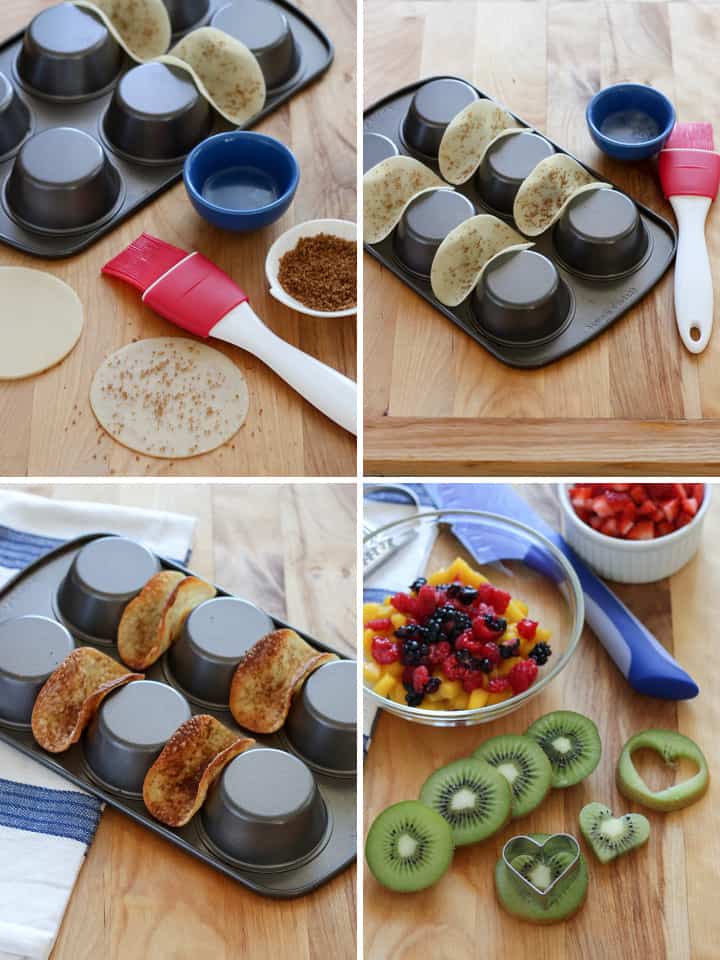 Grid of photos of potstickers oiled and baked in an overturned muffin pan.