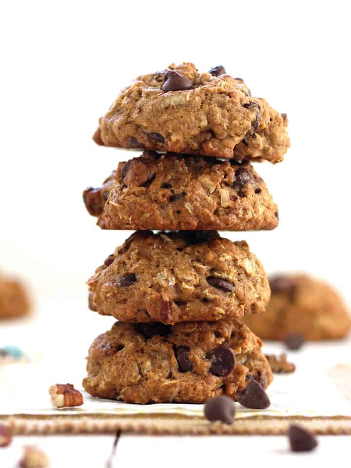 Small stack of chocolate chip oatmeal cookies. 