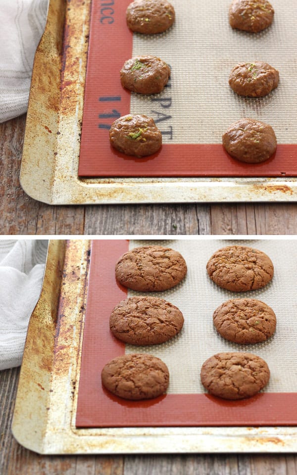 Raw dough and baked cookies on a toaster oven cookie sheet.