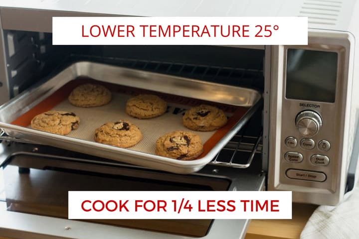 Cookies on a baking sheet inside a toaster oven.