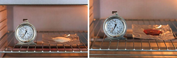 Oven thermometer and foil with sugar on a cooking rack inside a toaster oven.