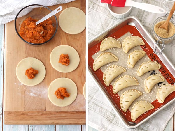 Mini hand pies being filled and on a quarter sheet pan