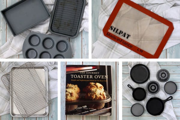 Sheet pans, silicone mat, toaster oven cookbook, and mini pans