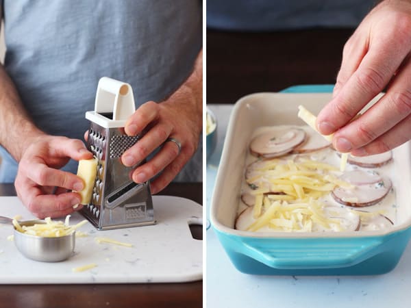 Cheese being shredded and then sprinkled over a baking dish