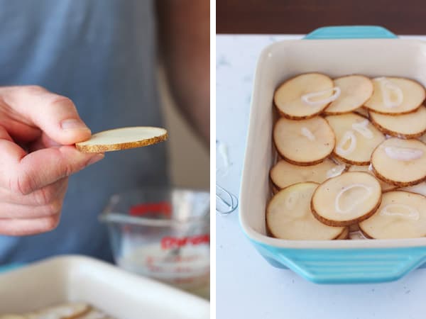 Thin sliced potatoes and shallot in a baking dish