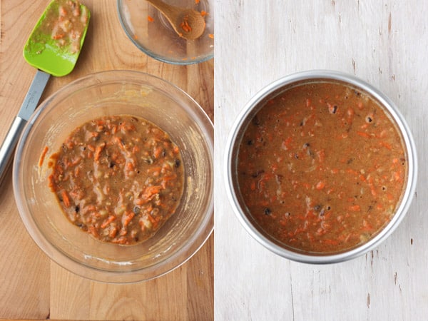 Carrot cake batter in a 6-inch round cake pan.