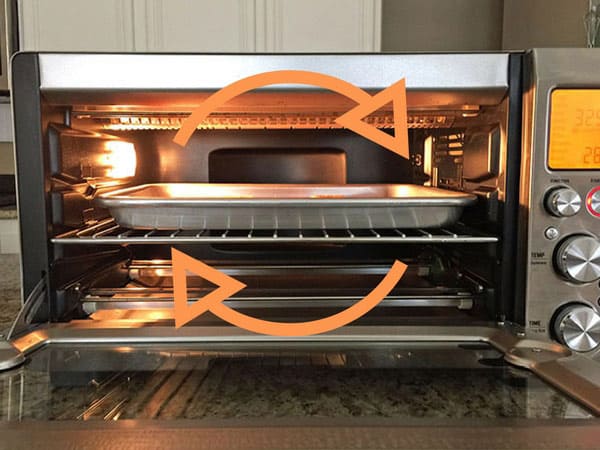 Toaster oven with arrows showing air flow using convection fan.