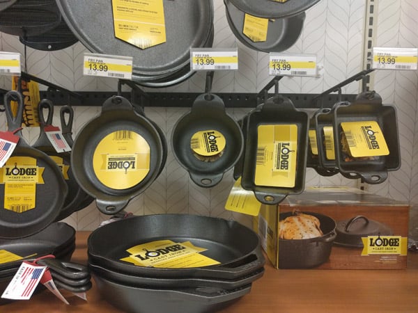 A variety of cast iron pans on display at Target