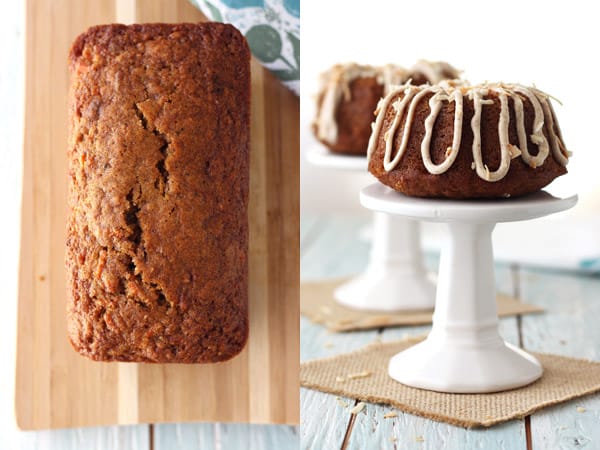 Mini cake loaf and two mini bundt cakes on cake stands.