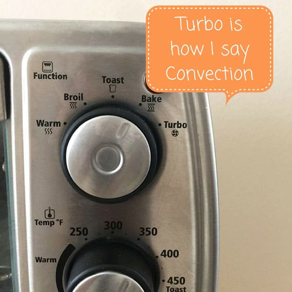 Toaster oven functions dial showing the turbo setting.