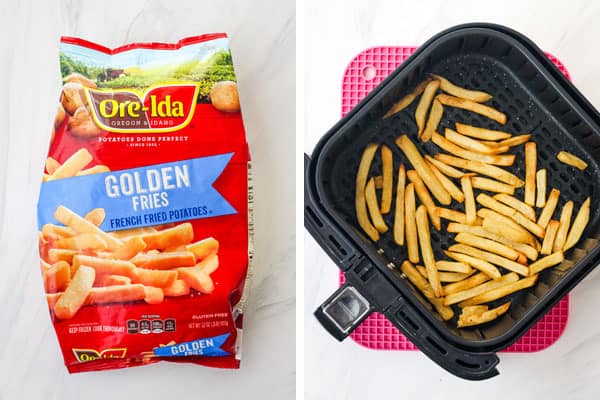 Bag of frozen fries and cooked fries in air fryer basket.