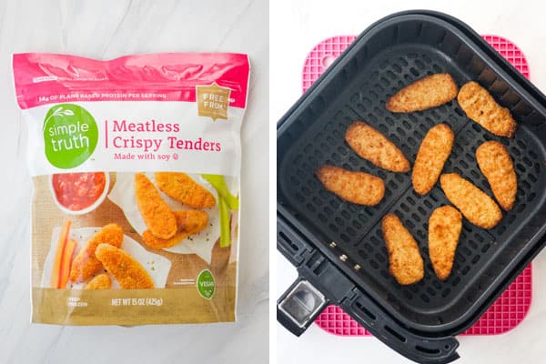 Meatless tenders bag and cooked tenders in an air fryer basket.