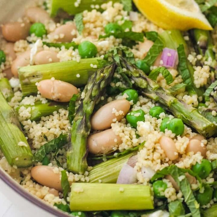 Closeup of asparagus beans salad in a bowl.