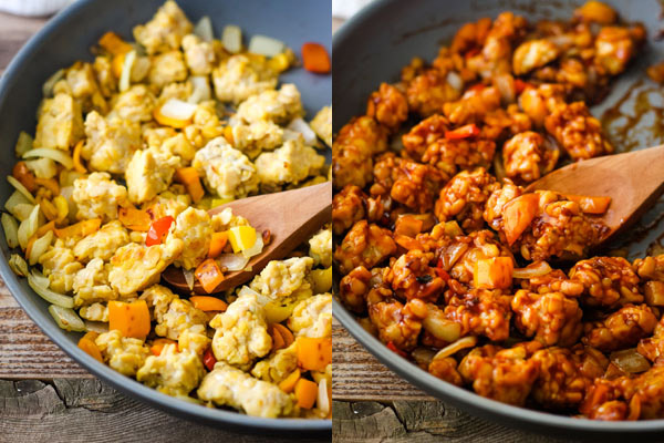 BBQ Tempeh filling cooked in a skillet.