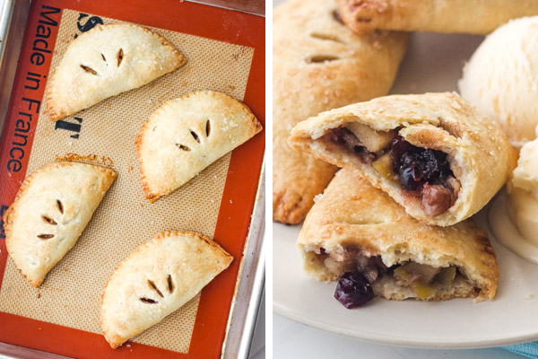 Baked hand pies on quarter sheet pan and close up of filling inside of a pie.