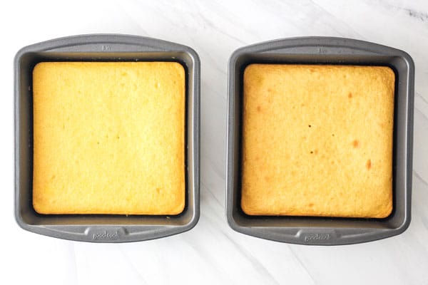 Two 8 x 8 pans of lemon cake.