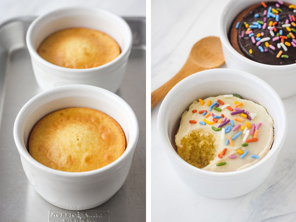 Baked yellow cakes in white ramekins unfrosted and frosted with a scoop of cake taken out of one.