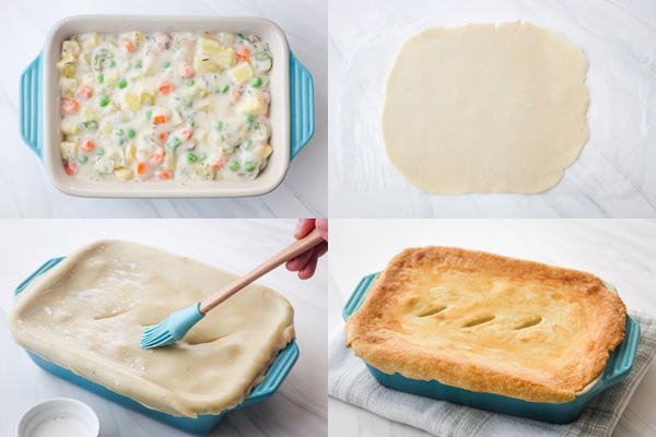 Pot pie filling in a baking dish and covered with pie crust.