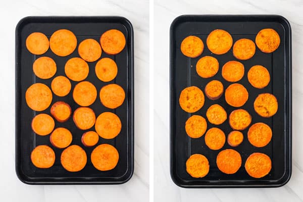 Raw and roasted sweet potato rounds in a sheet pan.