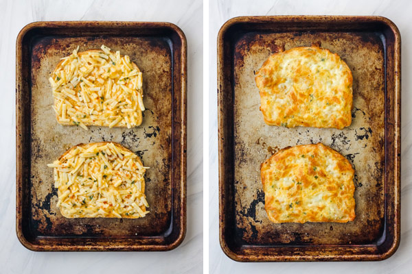 Bread with egg and cheese on a sheet pan and baked egg and cheese toasts on a sheet pan.