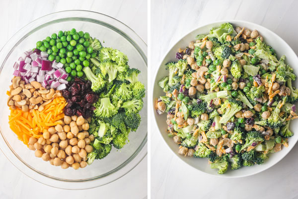 Two bowls side by side, one with separate ingredients and one with mixed salad.