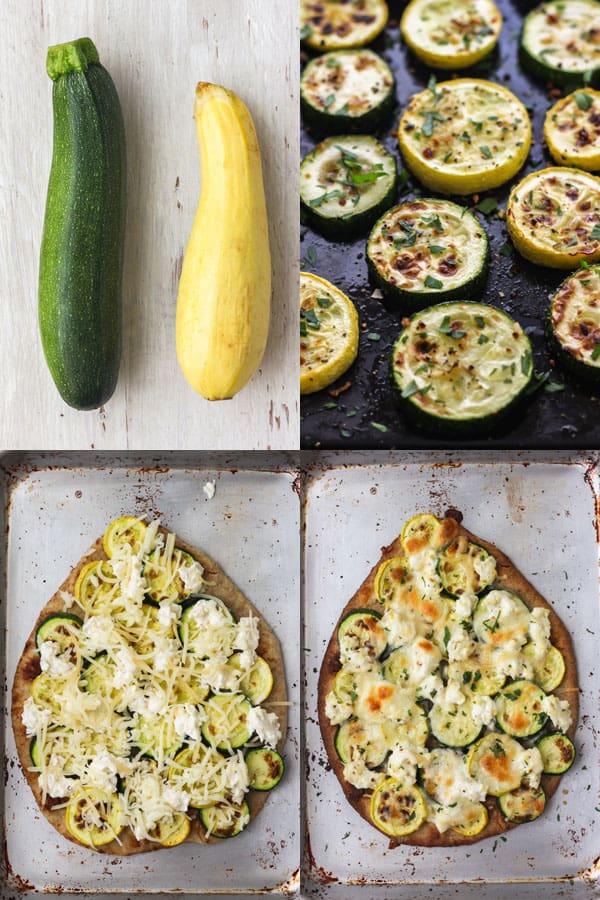 Fresh and broiled zucchini, topped flatbread and final cooked flatbread.