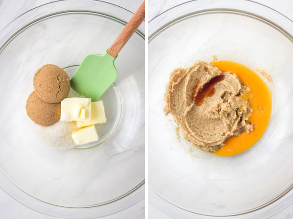 A glass bowl with butter and brown sugar beaten egg and vanilla.