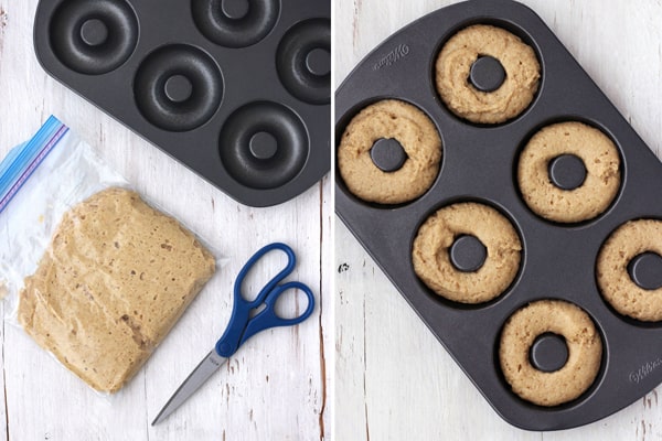 Donut batter in a plastic bag and piped into a donut pan