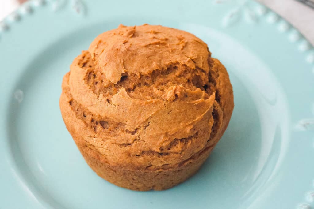 Closeup of baked cake mix pumpkin muffin.