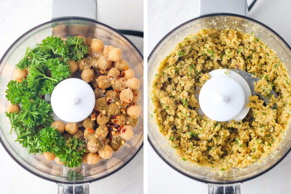 Overhead view of chickpeas mashed in a mini food processor.