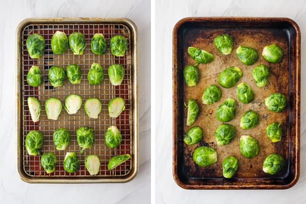 Raw Brussels sprouts on a cooking rack and a sheet pan.