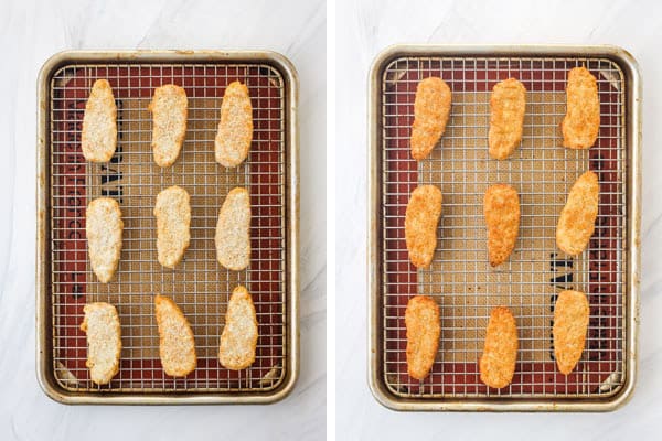 Frozen meatless strips on a rack inside a sheet pan.