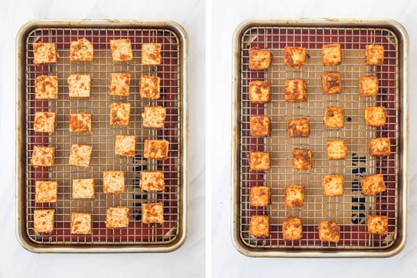 Tofu pieces on a rack inside a pan.