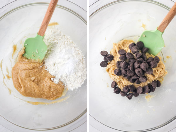 Glass bowl with cookie dough and chocolate chips.