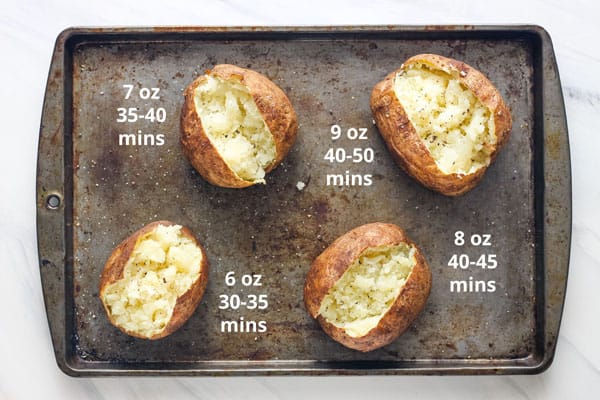 Cooked potatoes on pan with text for weights and cooking times.