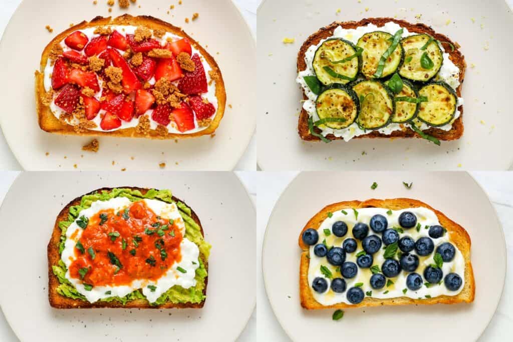 Strawberry cheesecake toast, zucchini toast, avocado cottage cheese toast, and blueberry lemon toast in a grid.