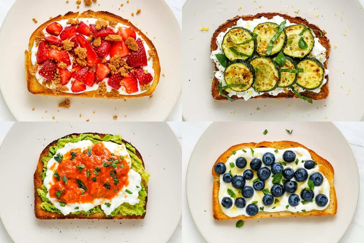 Strawberry cheesecake toast, zucchini toast, avocado cottage cheese toast, and blueberry lemon toast in a grid.